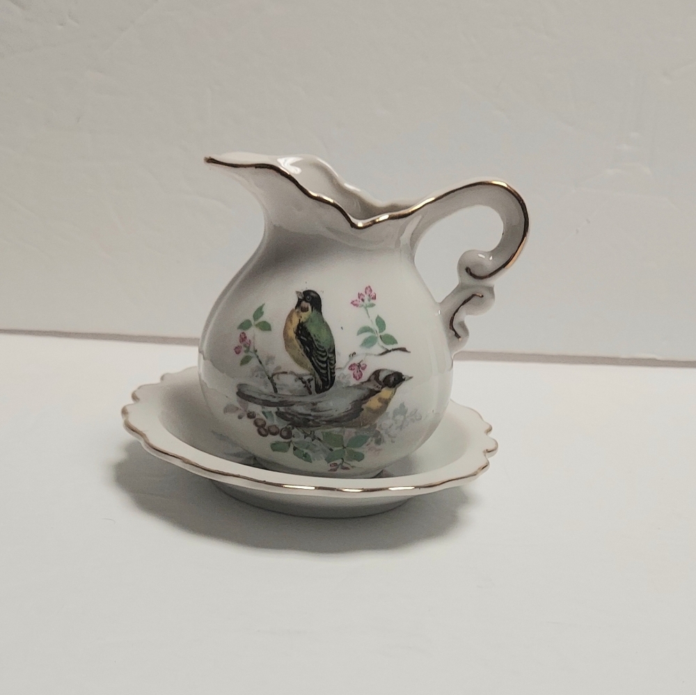 Vintage Ardco Miniture Bowl 44/592 & Pitcher C-2836 Set Gold Trim Birds Floral